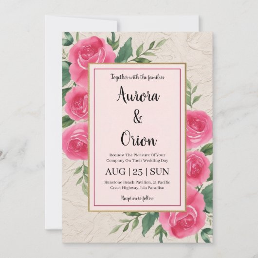 invitation de mariage botanique à fleurs roses cha (Devant)
