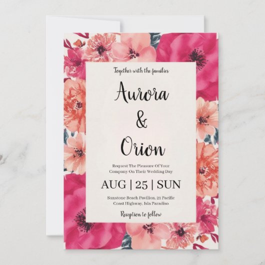 invitation de mariage botanique à fleurs roses cha (Devant)