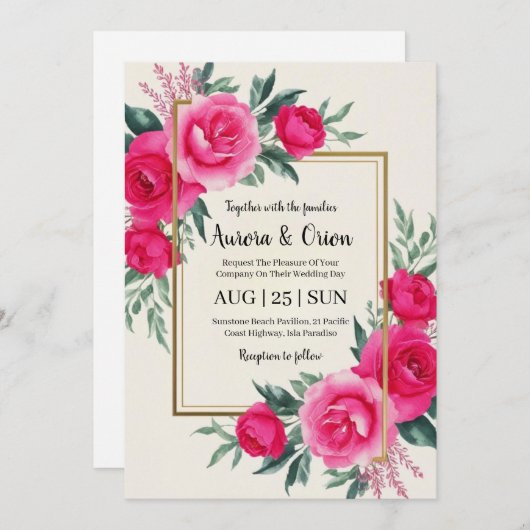 invitation de mariage botanique à fleurs roses cha (Devant / Derrière)
