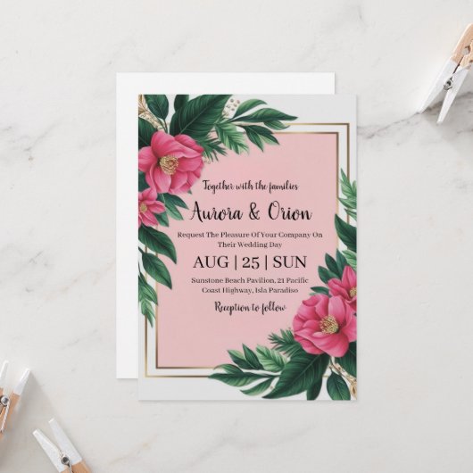 invitation de mariage botanique à fleurs roses cha (Devant/Arrière en situation)