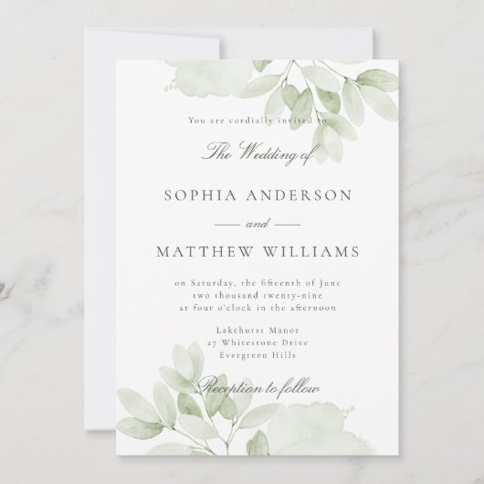 Invitation de mariage botanique à la verdure éléga (Devant)