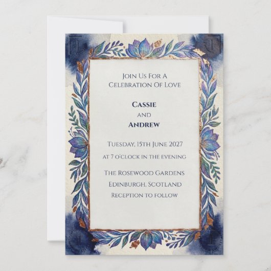 Invitation de mariage botanique bleu écossais (Devant)
