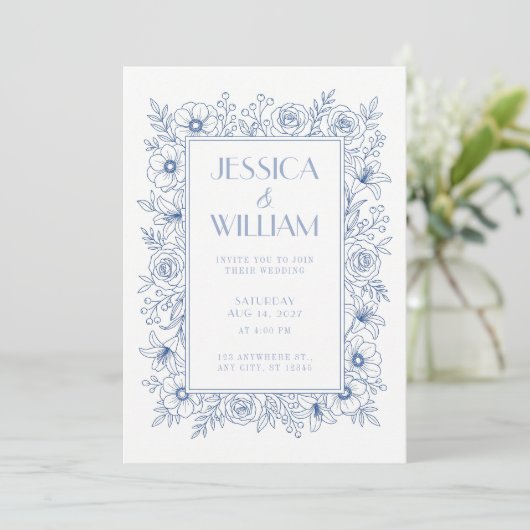 Invitation de mariage botanique bleu royal (Debout devant)