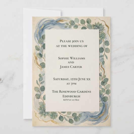 Invitation de mariage botanique bleu-vert (Devant)