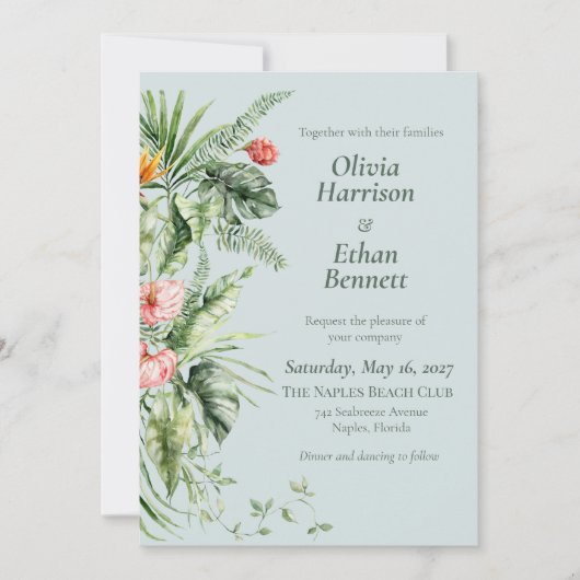 Invitation de mariage botanique Élégance Tropicale (Devant)