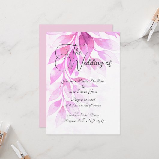 Invitation de mariage botanique rose (Devant/Arrière en situation)