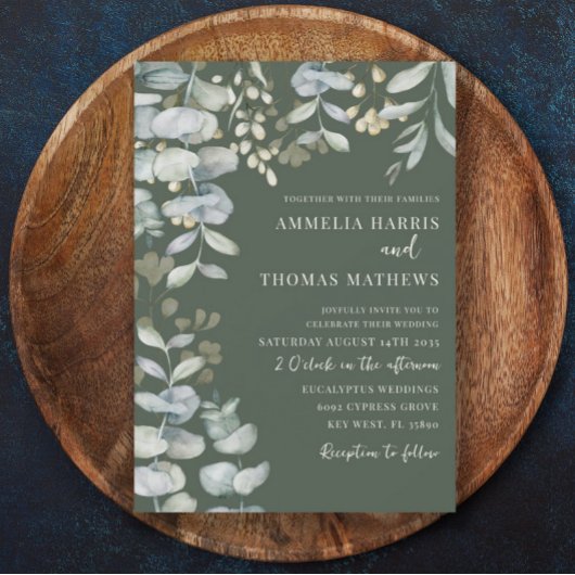 Invitation de mariage botanique vert foncé eucalyp