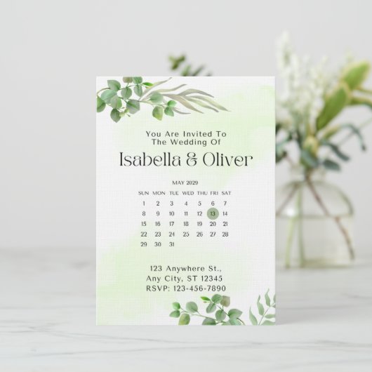 Invitation de mariage botanique verte et blanche (Debout devant)