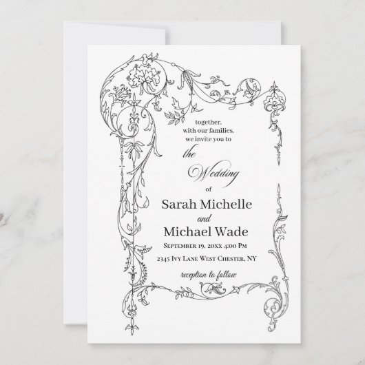 Invitation de mariage calligraphiée avec cadre flo (Devant)