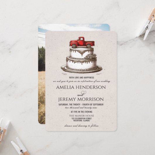 Invitation de mariage camionnette vintage rouge (Devant/Arrière en situation)