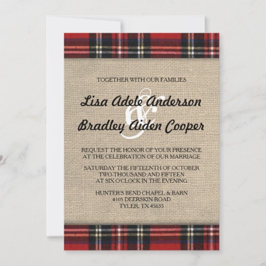 Invitation de Mariage campagnard Rustique Plaid Bu (Devant)