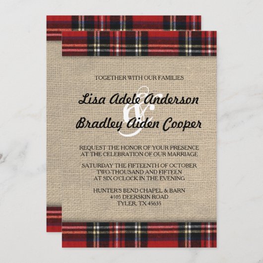 Invitation de Mariage campagnard Rustique Plaid Bu (Devant / Derrière)