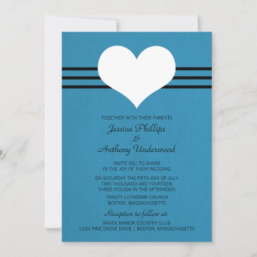 Invitation de mariage cardiaque moderne, bleu (Devant)