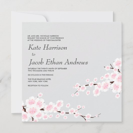 Invitation de mariage cerise en fleurs // Argent (Devant)