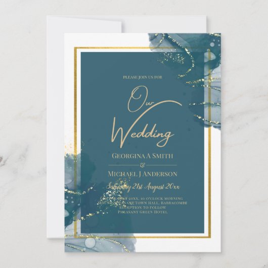 Invitation de mariage chic à l'encre alcoolique bl (Devant)