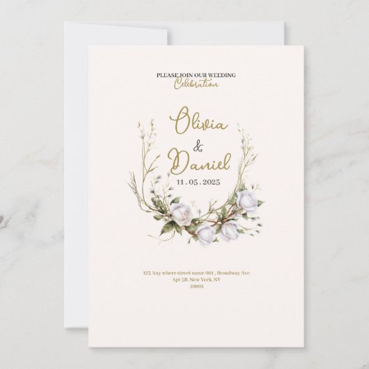 invitation de mariage chic élégant roses blanches  (Devant)