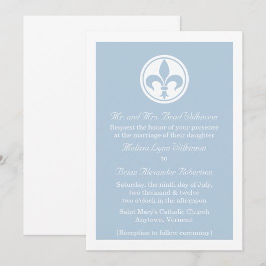 Invitation De Mariage Chic Fleur De Lis, Bleu (Devant / Derrière)