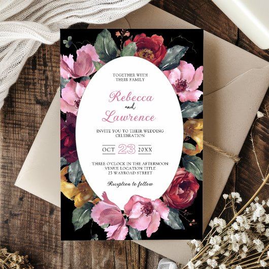 Invitation de mariage chic fleurs aquarelle noire