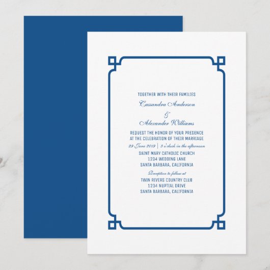 Invitation de mariage chic Lapis Blue Deco (Devant / Derrière)