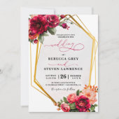 Invitation de mariage chic rouge gris floral (Devant)
