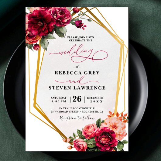 Invitation de mariage chic rouge gris floral
