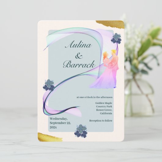 Invitation de mariage classique doré violet vert é (Debout devant)