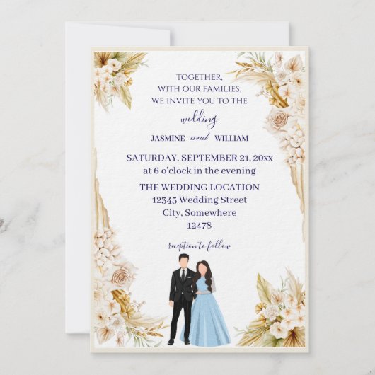 Invitation de mariage classique en beige et or (Devant)