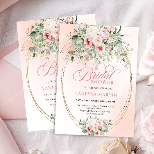 Invitation de mariage classique rose et or avec fl