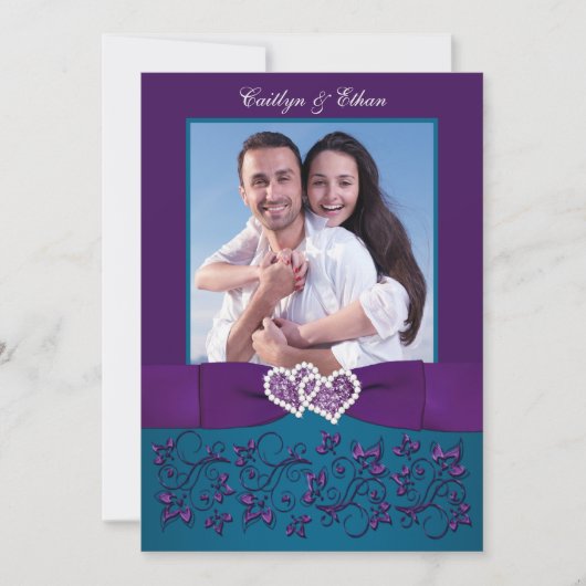 Invitation de mariage | Coeurs Turquoises, violets (Devant)