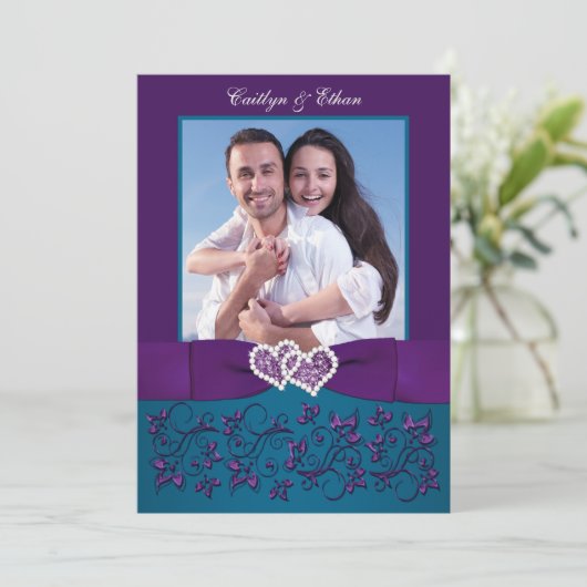 Invitation de mariage | Coeurs Turquoises, violets (Debout devant)