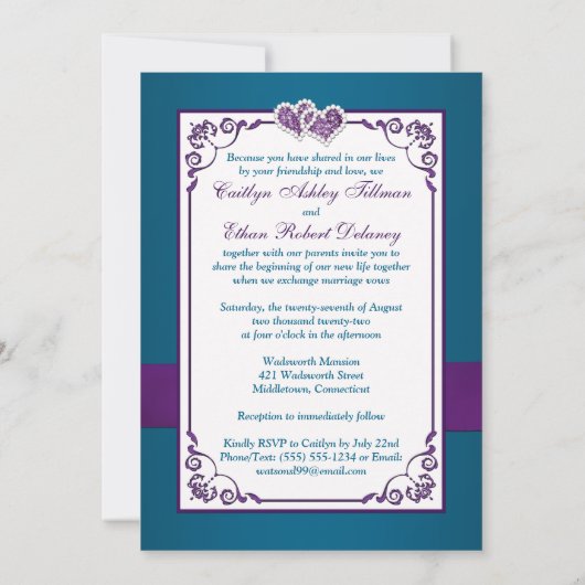 Invitation de mariage | Coeurs Turquoises, violets (Dos)