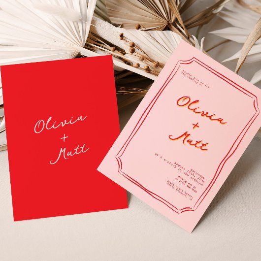 Invitation de mariage colorée rouge et rose