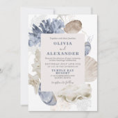 Invitation de mariage coquillage bleu de plage côt (Devant)