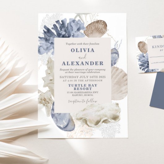 Invitation de mariage coquillage bleu de plage côt