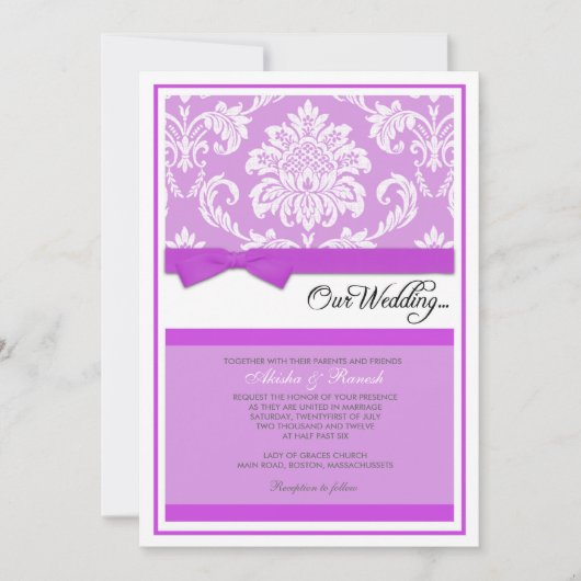 Invitation de mariage damassé dans le pourpre (Devant)