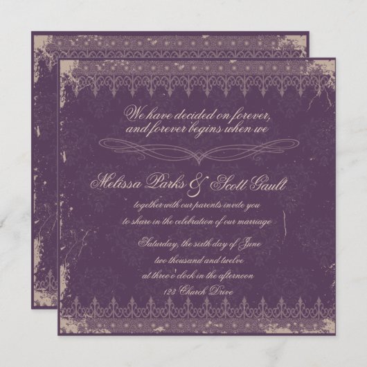 Invitation de mariage damassé d'aubergine de (Devant / Derrière)