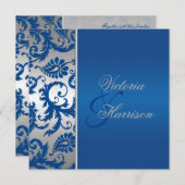 Invitation de mariage damassé de bleu d'argent et (Devant / Derrière)