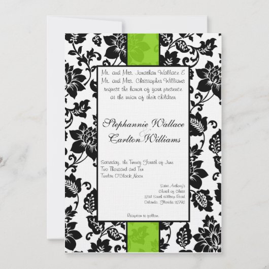 Invitation de Mariage damassé Floral Black/Lime Gr (Devant)