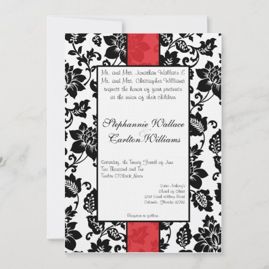 Invitation de Mariage damassé Floral Noir/Rouge (Devant)