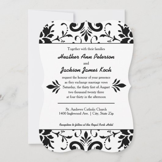 Invitation de mariage damassé formelle noir et bla (Devant)