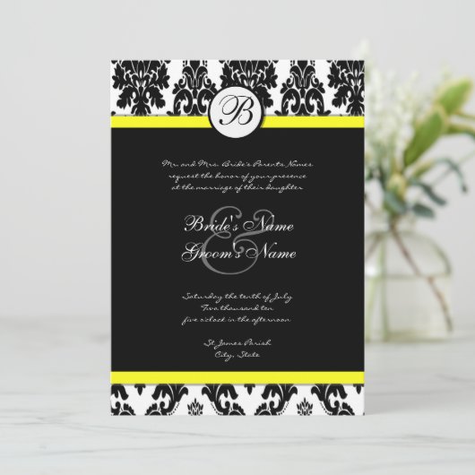 Invitation de Mariage damassé Jaune Noir Blanc (Debout devant)