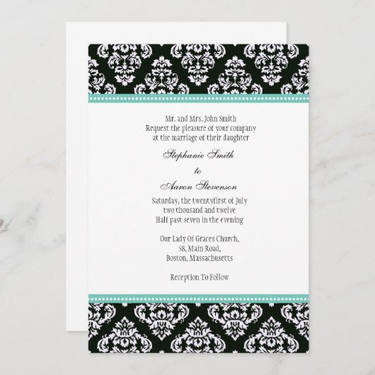 Invitation de Mariage damassé noir et blanc (Devant / Derrière)