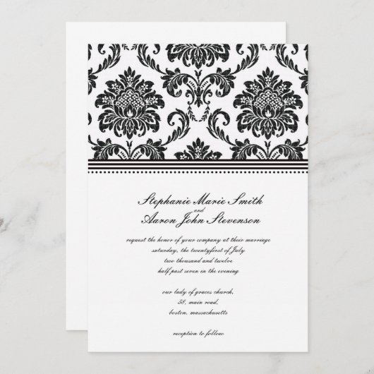Invitation de Mariage damassé noir et blanc (Devant / Derrière)