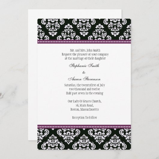 Invitation de Mariage damassé noir et blanc (Devant / Derrière)