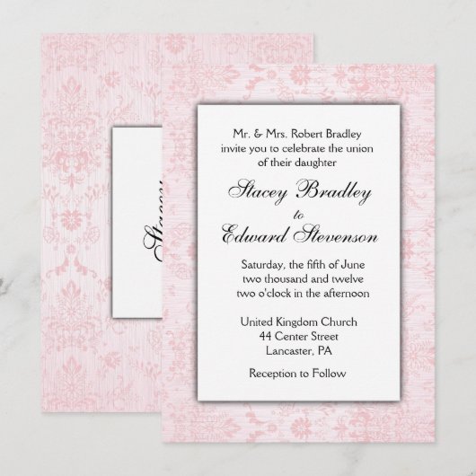 Invitation de Mariage damassé rose (Devant / Derrière)