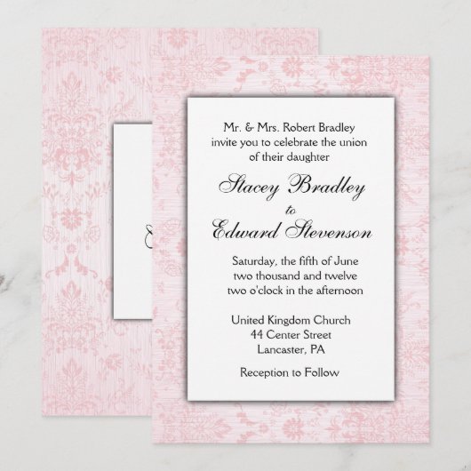 Invitation de Mariage damassé rose (Devant / Derrière)