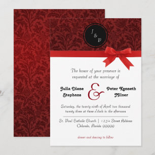 Invitation de mariage - Damassé rouge et ruban rou