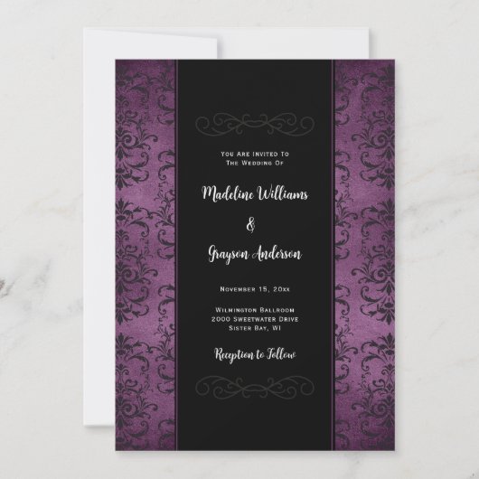 Invitation de Mariage damassé violet et noire (Devant)