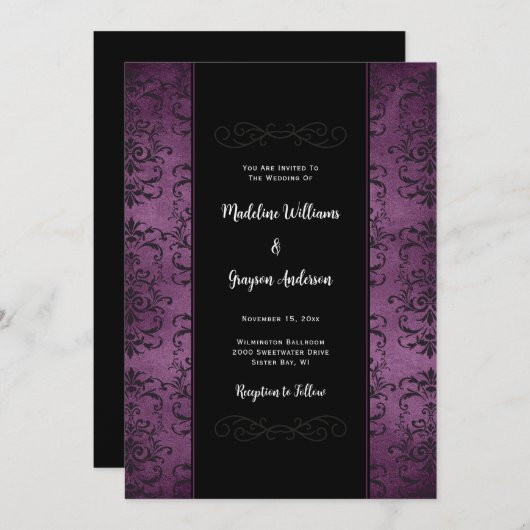 Invitation de Mariage damassé violet et noire (Devant / Derrière)