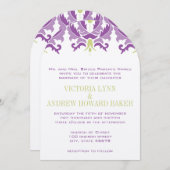 Invitation de Mariage damassé violet et vert (Devant / Derrière)